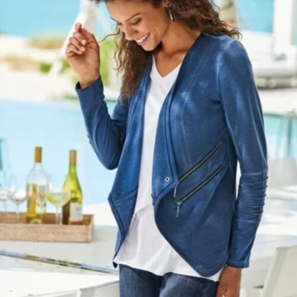 Soft Surroundings Women's Open Front Bexley Moto Jacket Blue